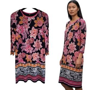 Eliza J Navy Pink Floral Jersey Dress 3/4 Sleeve Crew Neck Size 6